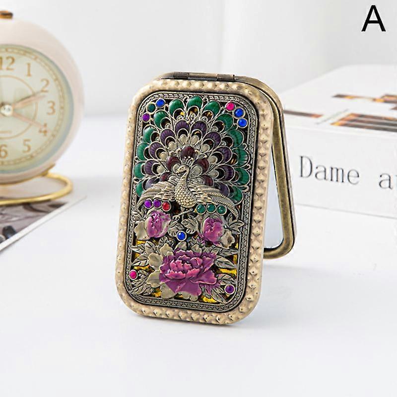 Foldable Retro Handheld Makeup Mirror Peacock Printed Compact Pocket Mirror Double Sided Rectangular Makeup Dressing Mirror