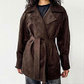 Vintage Brown Fleece Jacket With Ties-Stylish And Elegant Women's Outfit For Autumn/Winter
