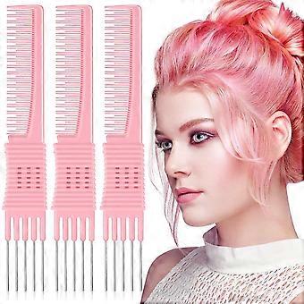 Pentes Rosa com Ponta de Metal - Pentes de Salão de Beleza com Elevação de Aço Inoxidável Pacote com 3
