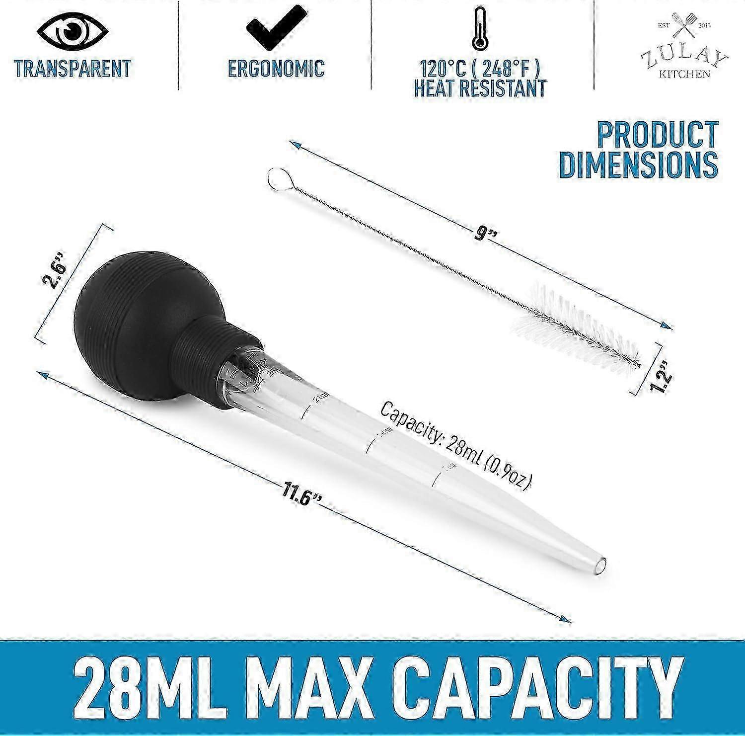 Pistolet à jus de grande capacité avec brosse de nettoyage, seringue résistante à la chaleur et adaptée au contact alimentaire, avec des mesures précises en millilitres et en onces, idéal pour la cuisson des viandes pendant les fêtes.