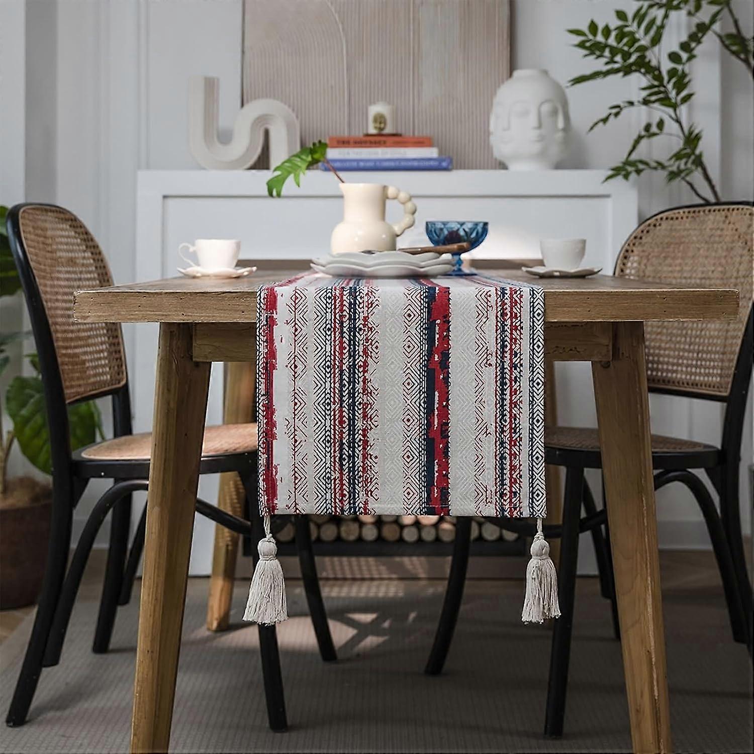 Blue and Red Striped Table Runner, Polyester Cotton, 33x220cm