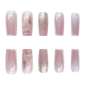 Gold Foil Decor Mid-length Fake Square Nails Ultra-flexible Long Lasting Fake Nails For Shopping Traveling Dating