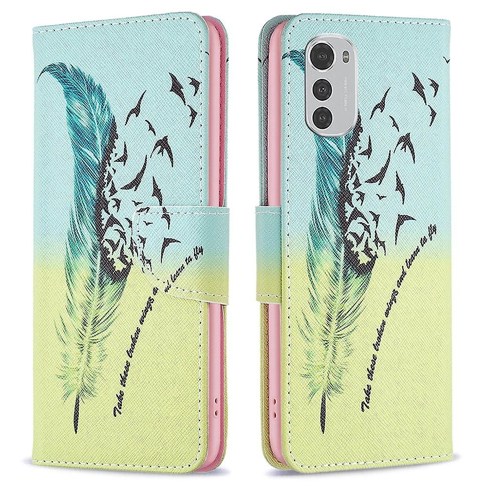 For Motorola Moto E32 4G BF Series-1 Clasp Phone Case Foldable Stand Wallet Flip Cover - Feather