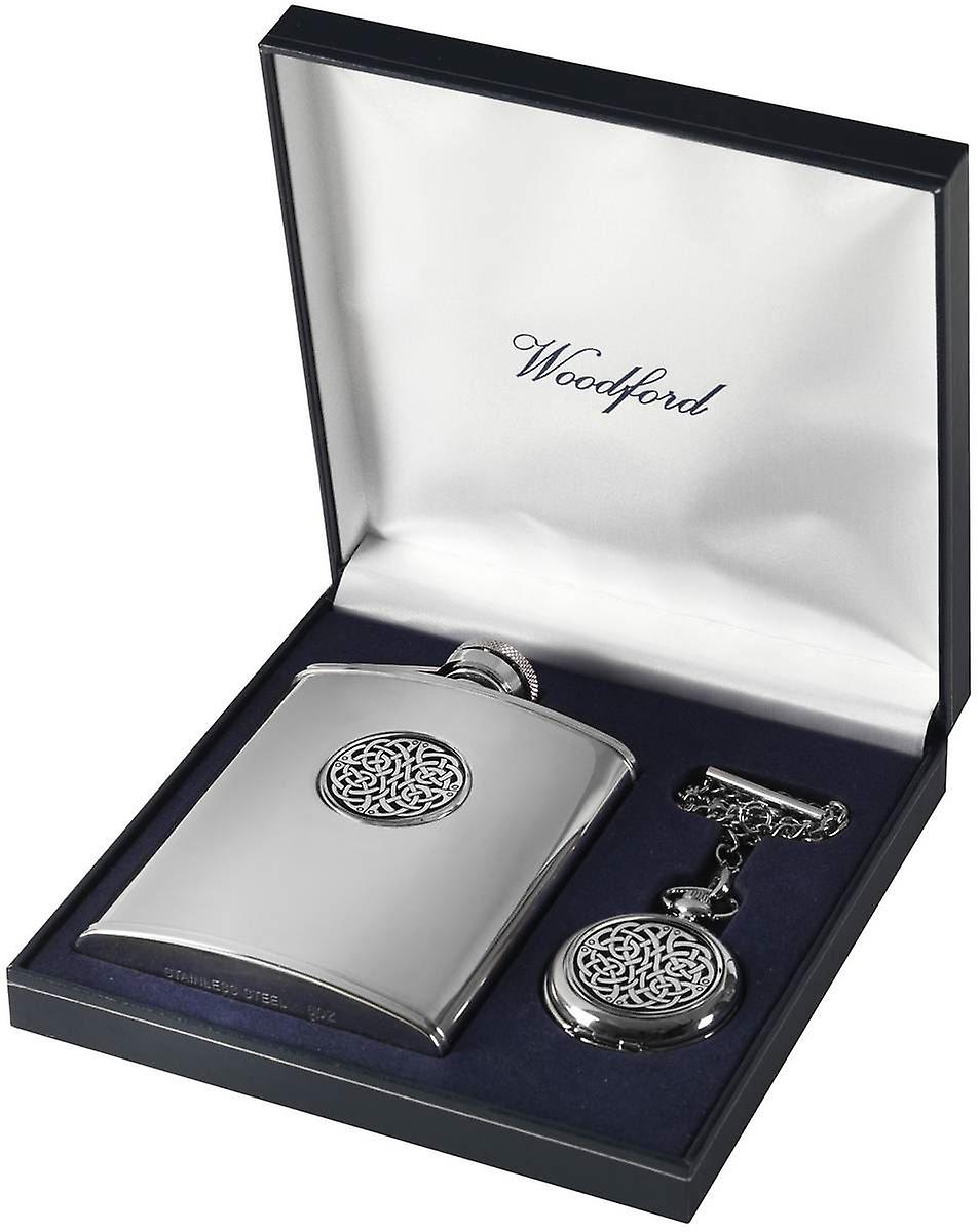 Woodford Celtic Knot 6oz Hip Flask and Pocket Watch Set - Silver