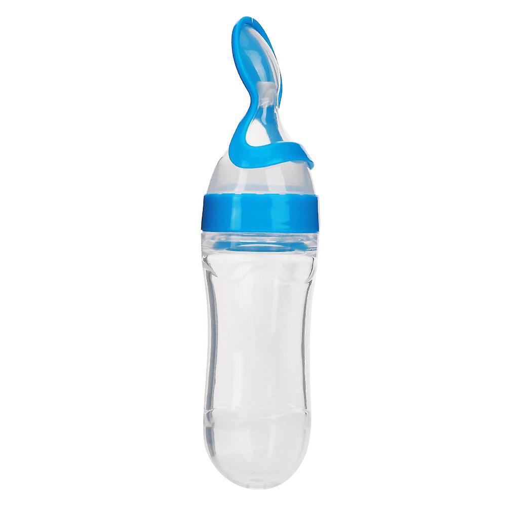 90ml Silicone Baby Bottle with Spoon, Squeeze Feeding Bottle for Fresh Food and Cereal, Blue