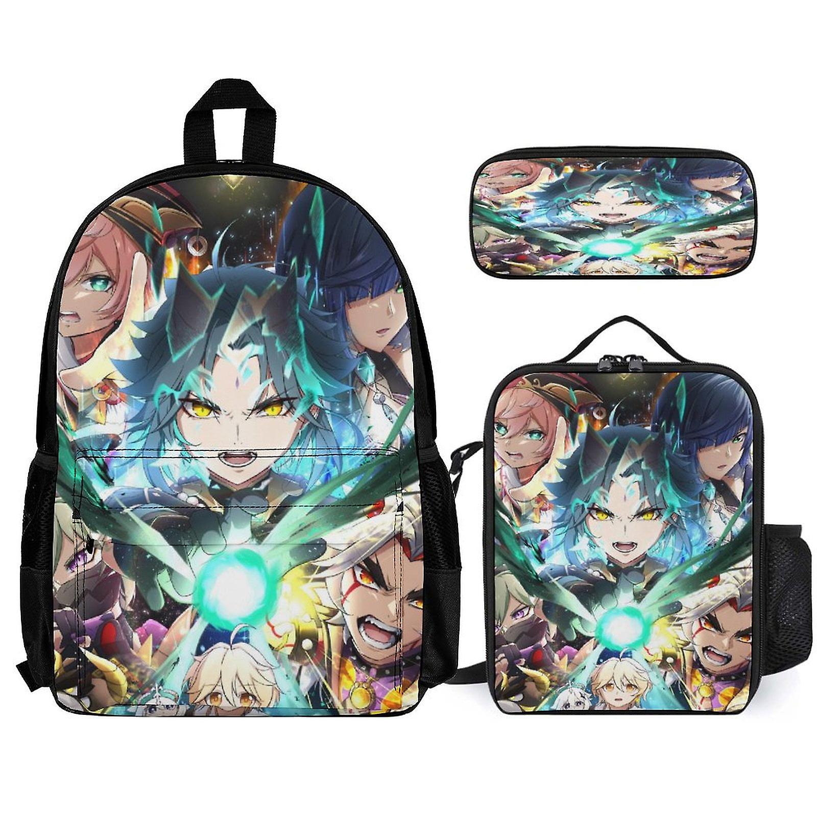 Genshin Impact Backpack 3 قطع مجموعة حقيبة ظهر للكمبيوتر المحمول مع مقلمة حقيبة غداء مختلطة