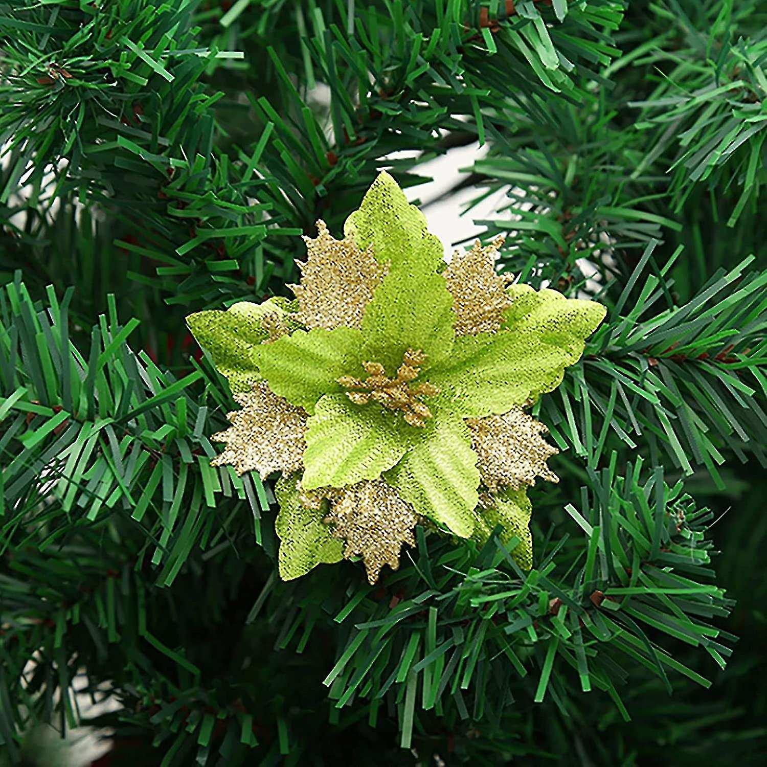 12パックの造形ポインセチアの花、キラキラのクリスマスツリーの装飾、グリーン