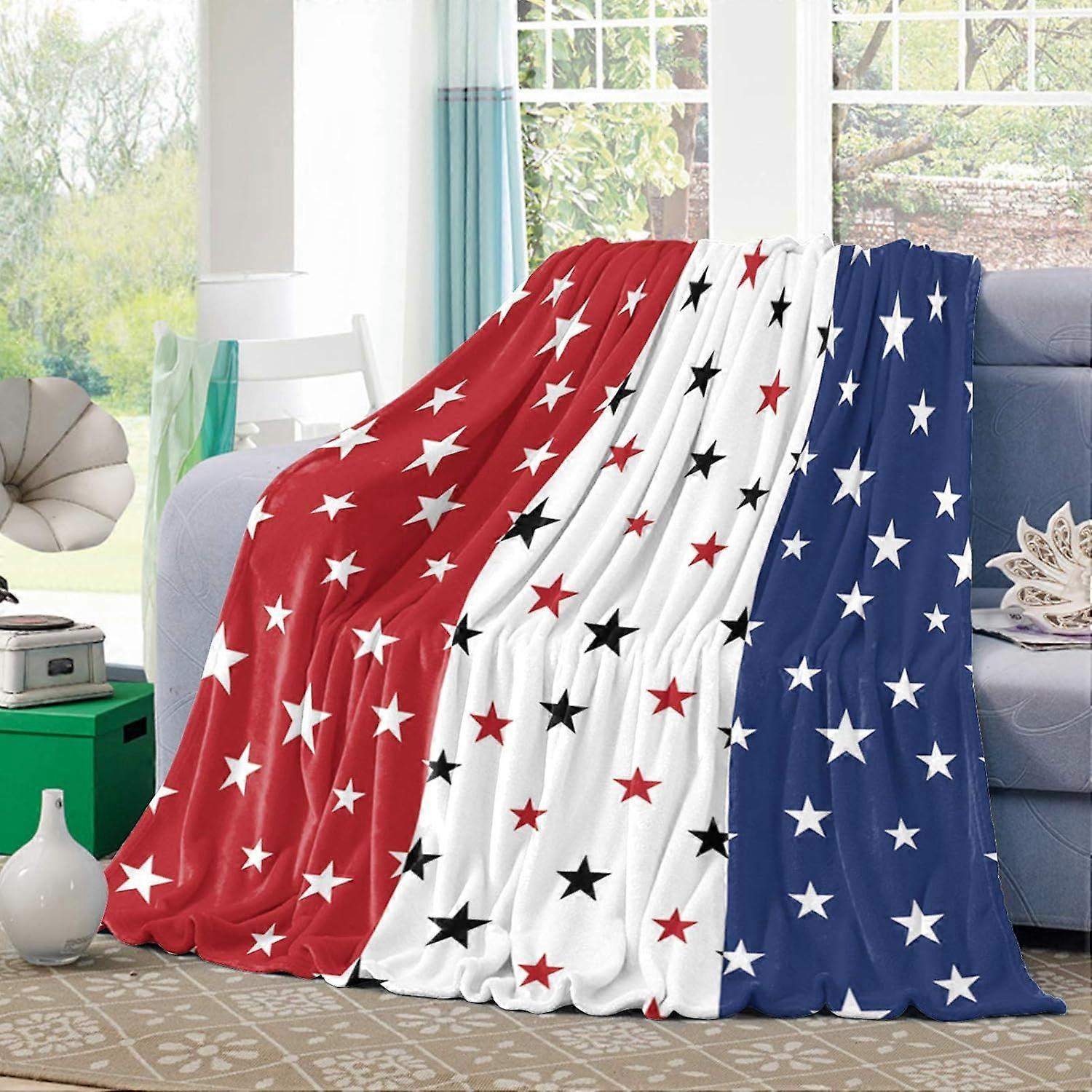 Independence Day Flannel Fleece Blanket 30"x40" Soft Cozy Throw Blankets American Stars on Red White Blue Lightweight Sofa Couch Throws for Kids/Boys/