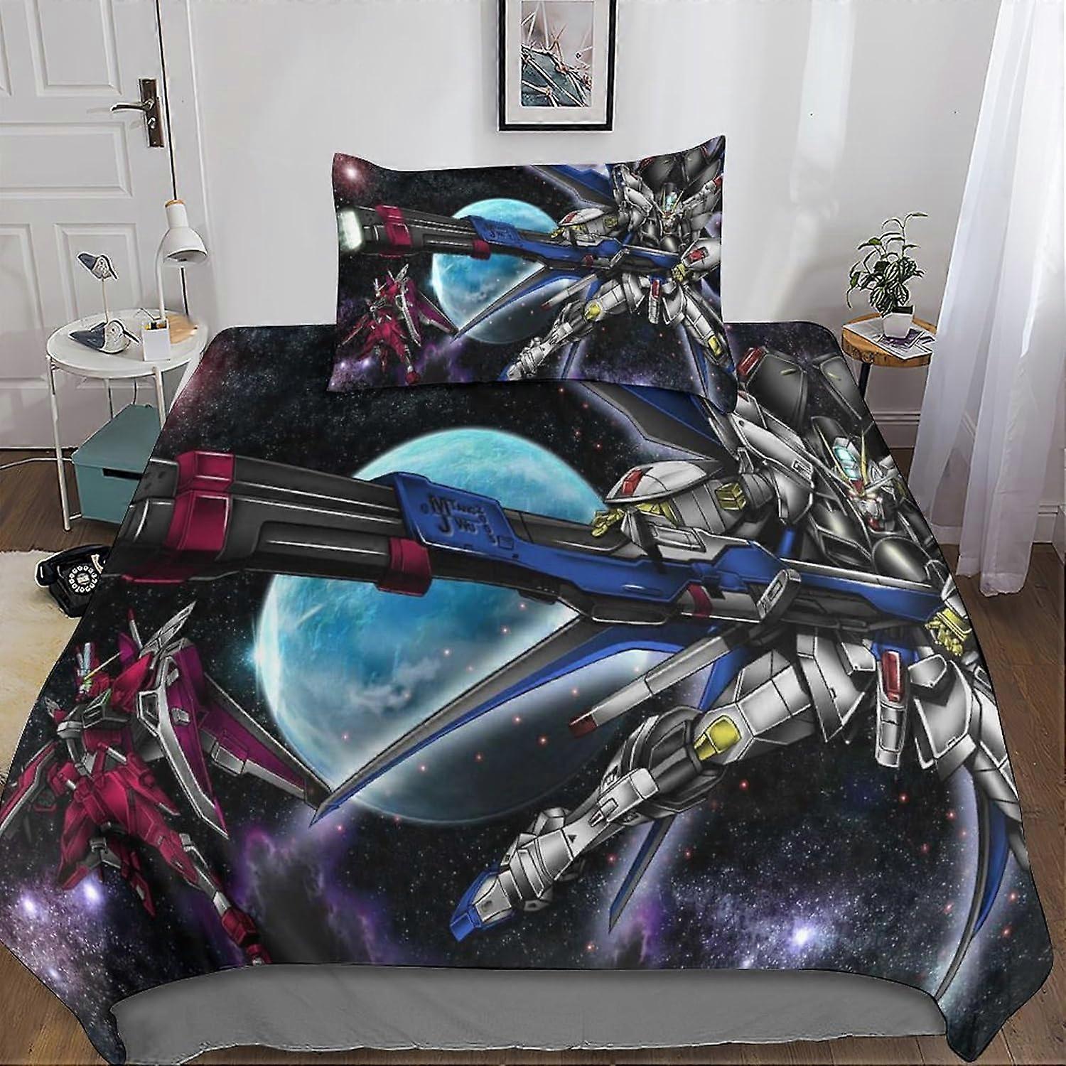 Gundam 3D Print Microfiber Bedding Set, with Duvet Cover and Pillowcases, Suitable for Boys and Girls with Zipper Closure 2 Pcs Single