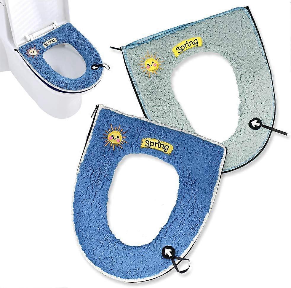 2PCS Warm Plush Toilet Seat Cover Pad with Handle and Zipper Washable and Reusable (Blue+Green)