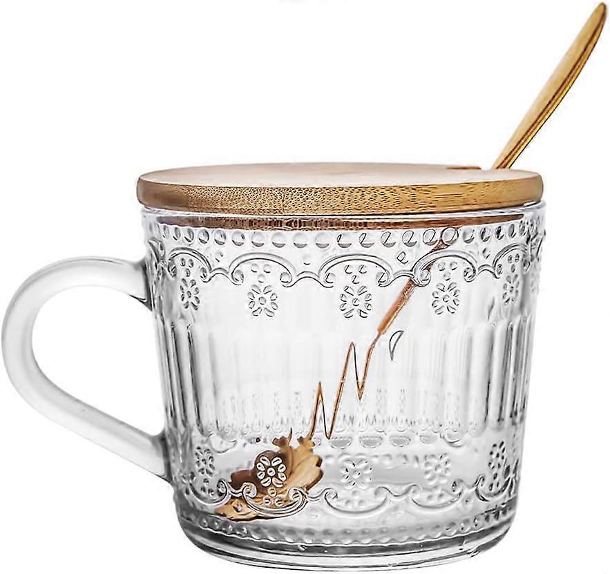 Glass Coffee Mugs, (2-Pcak) 14 Oz-Relief Clear Glass Cups With Bamboo Lids,Tea Cups, Coffee Cups,Espresso Cups, Latte Cups,Cereal Cups, Milk Cups, Bev