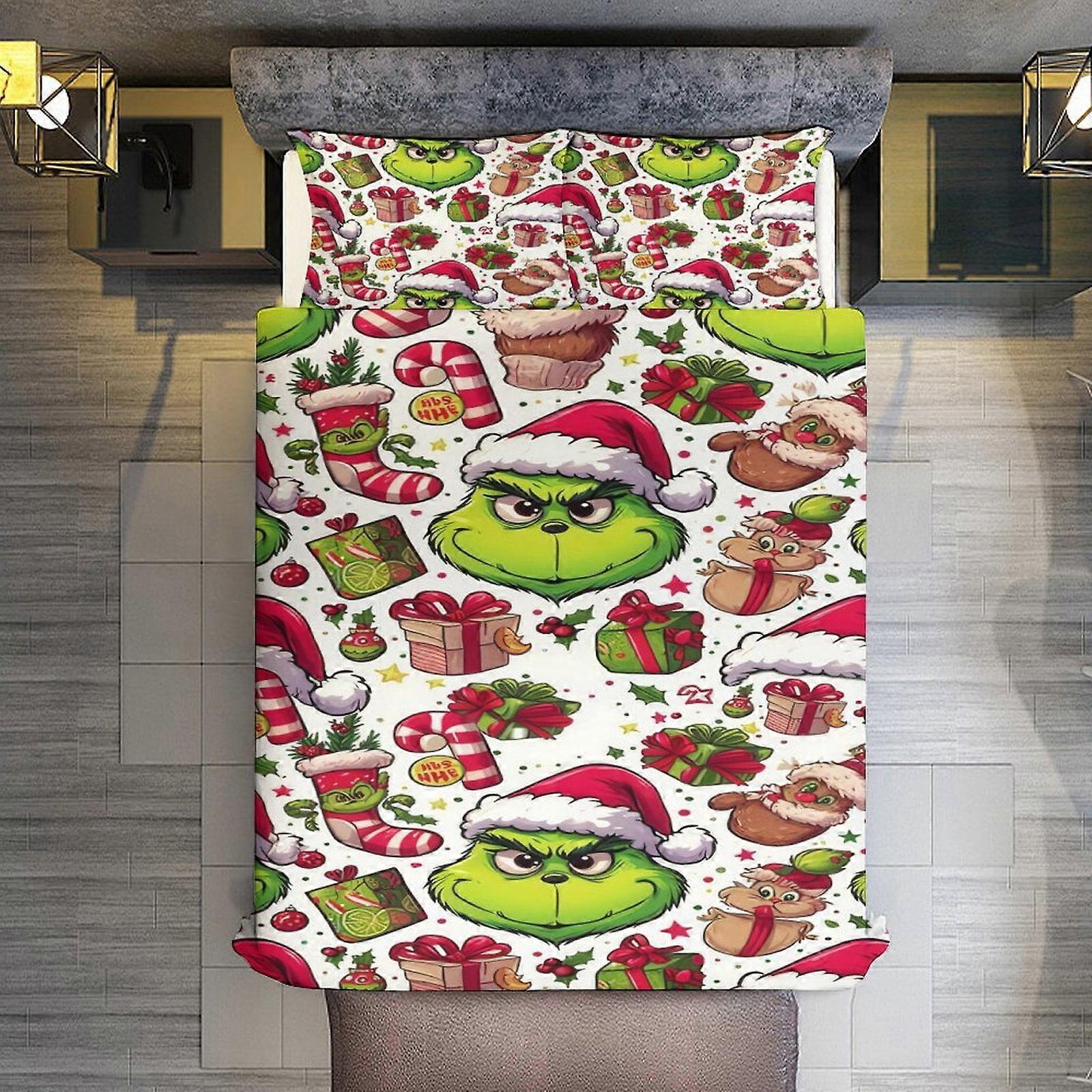 v703 ملاءات سرير مراشات hristmas Grinch مجموعة مفروشات للفتيات للأطفال في سن المراهقة ، طقم لحاف فائق النعومة من الألياف الدقيقة بحجم مزدوج مع 3 قطع ، لحاف