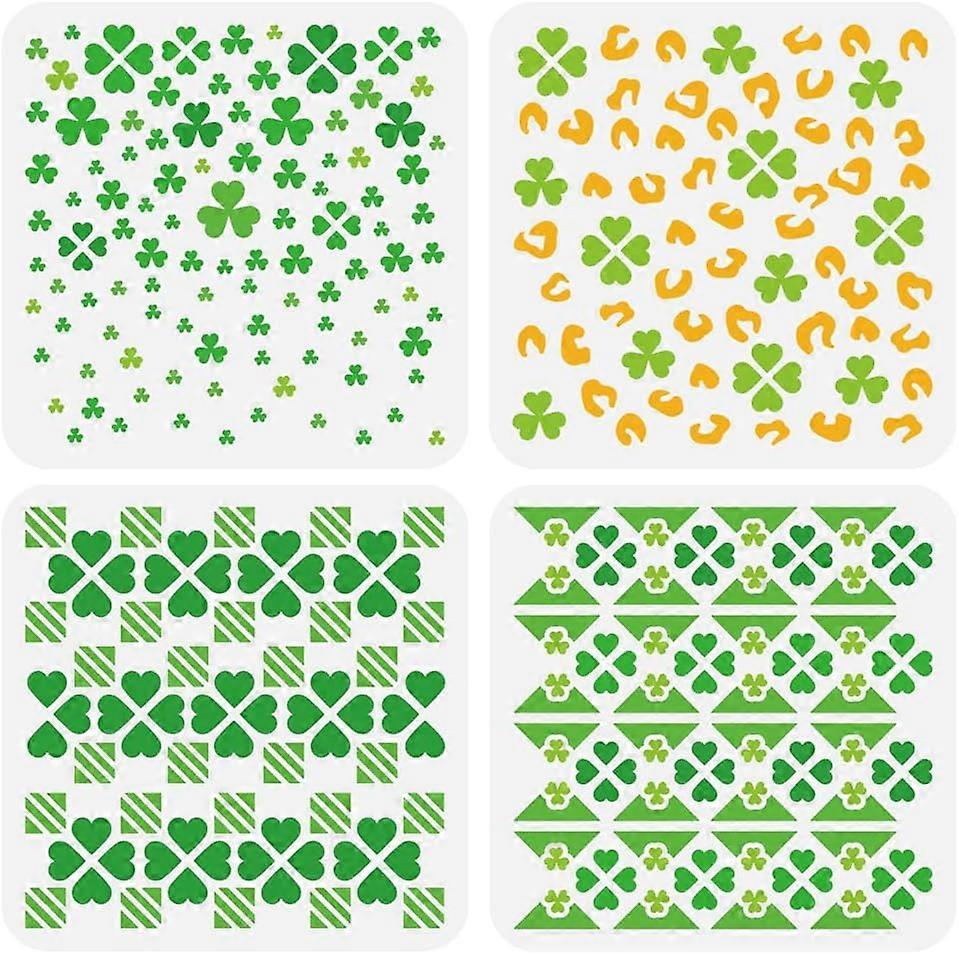 4PCS Clover Painting Stencil 7.9x7.9inch Square Geometric Stencil for Painting Four Leaf Clover Drawing Template St. Patrick's Day Stencil for Home Wa