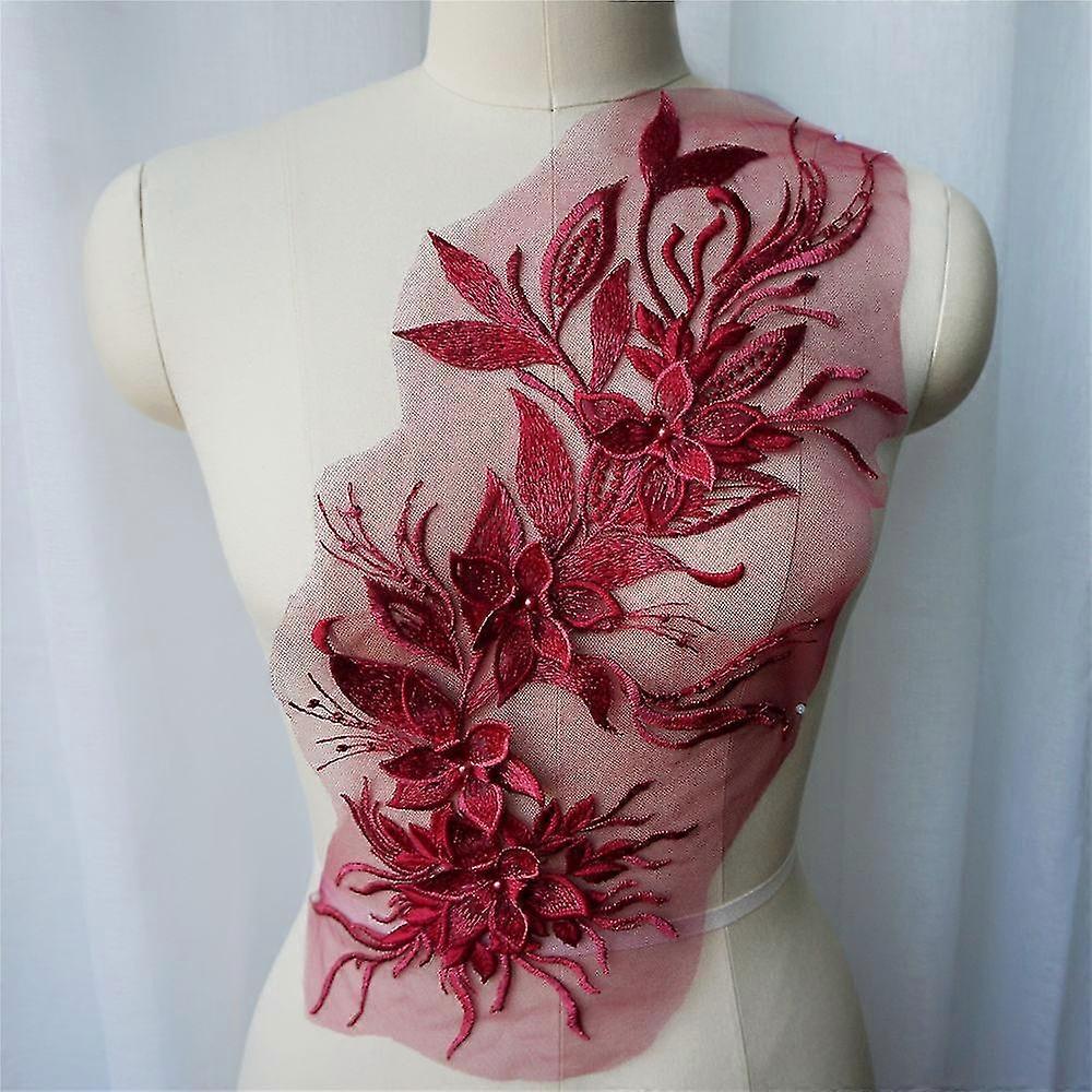Wine Red 3d Flower Tassel Lace Fabric Gown Appliques Trims Embroidered Collar Mesh Sew Patch For Wedding Decoration Dress Diy