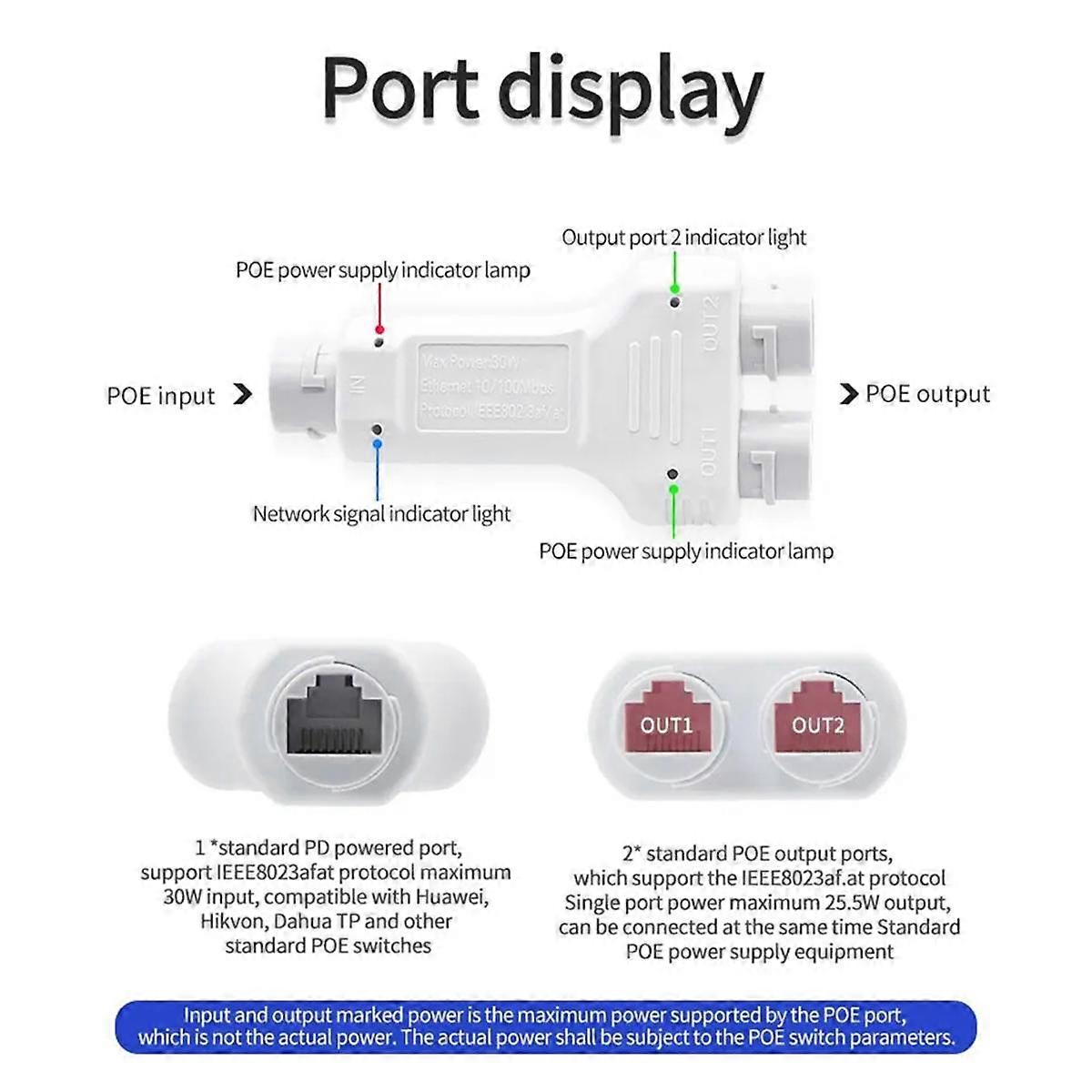 100M 1 in 2 Out Waterproof POE Extender/Repeater Outdoor 30W High Power Plug&Play for PoE Switch NVR IP Camera AP