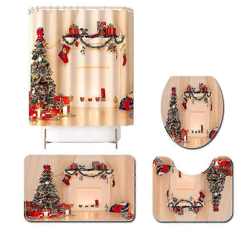 Kamin Weihnachtsbaum Duschvorhang Fußmatte Teppich Vierteiliges Set Polyester