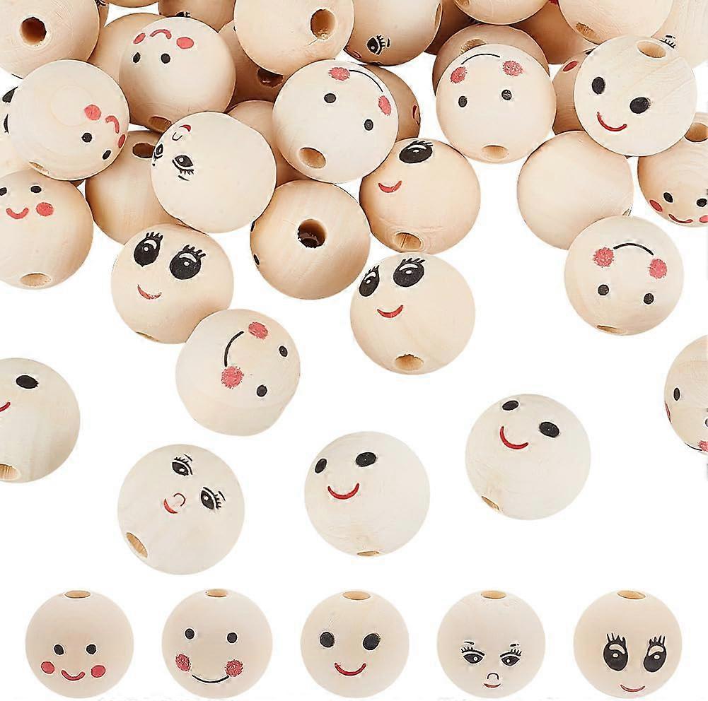 40Pcs 5 Styles Printed Wood European Beads Large Hole Round Bead with Smiling Face Pattern Undyed Mixed Color 24.5~25x22.5~23.5mm Hole: 4.7mm 8pcs/sty