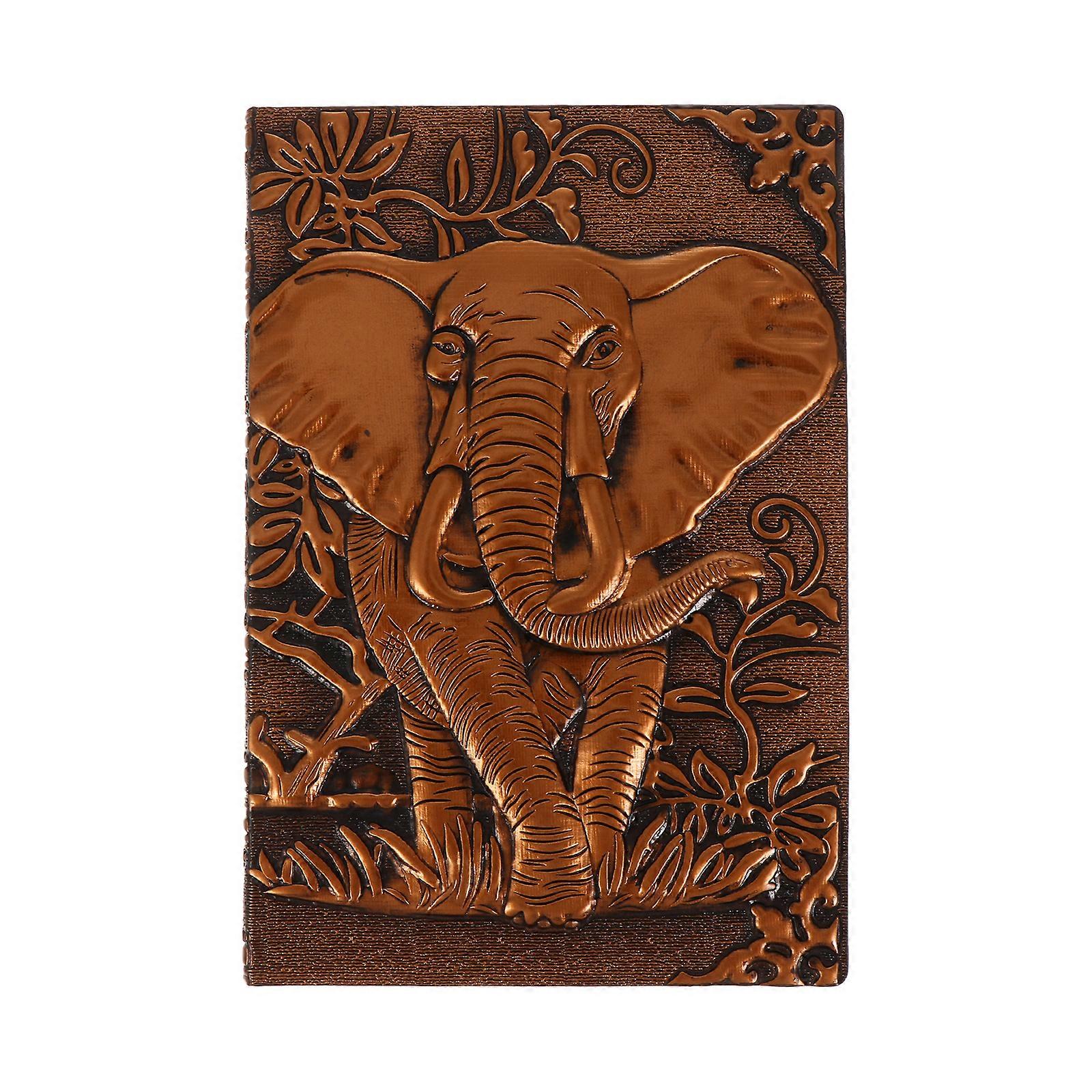A5 Retro Travel Journal Hardcover Diary Book Embossed Elephant Notepad (Coffee)