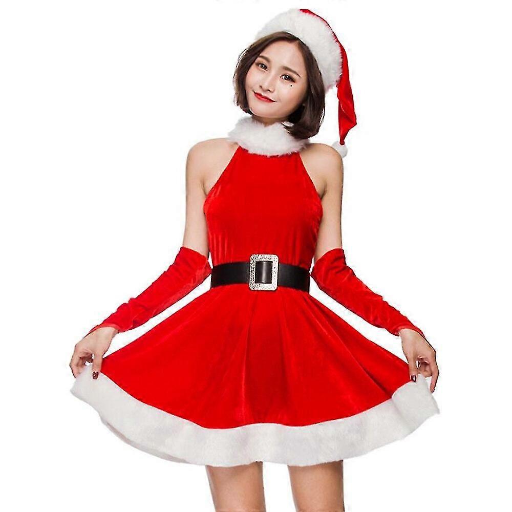 Red Velvet Christmas Dress Women Cosplay Santa Claus Costume Fancy Dress New Year Xmas Holiday Party Costume Suit For Adults