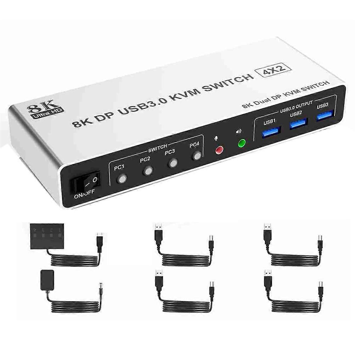 8K@60Hz USB3.0 Displayport KVM Switch 2 Monitore 4 Computer, 4 Port DP1.4 Dual Monitor DP KVM Switch mit Audio EU STECKER