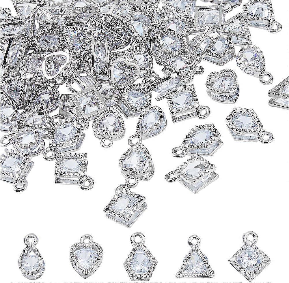 70Pcs 5 Styles Cubic Zirconia Charms Alloy Heart Teardrop Pendants Bulk Crystal CZ Stone Dangle Charms Platinum Triangle Rhombus Pendants Charms for J