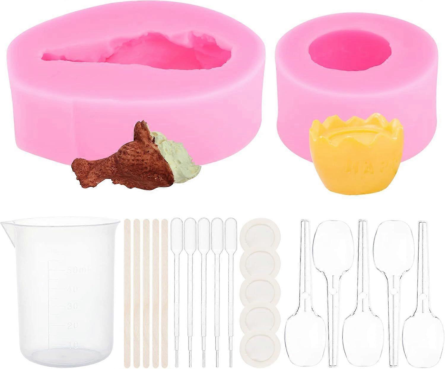 DIY 2pcs Candy Molds 3d Drumsticks and Egg Shell Shapes Fondant Mold Candy Making Kit Pink 3D Baking Silicone Mold Kit for Homemade Fondant Chocolate