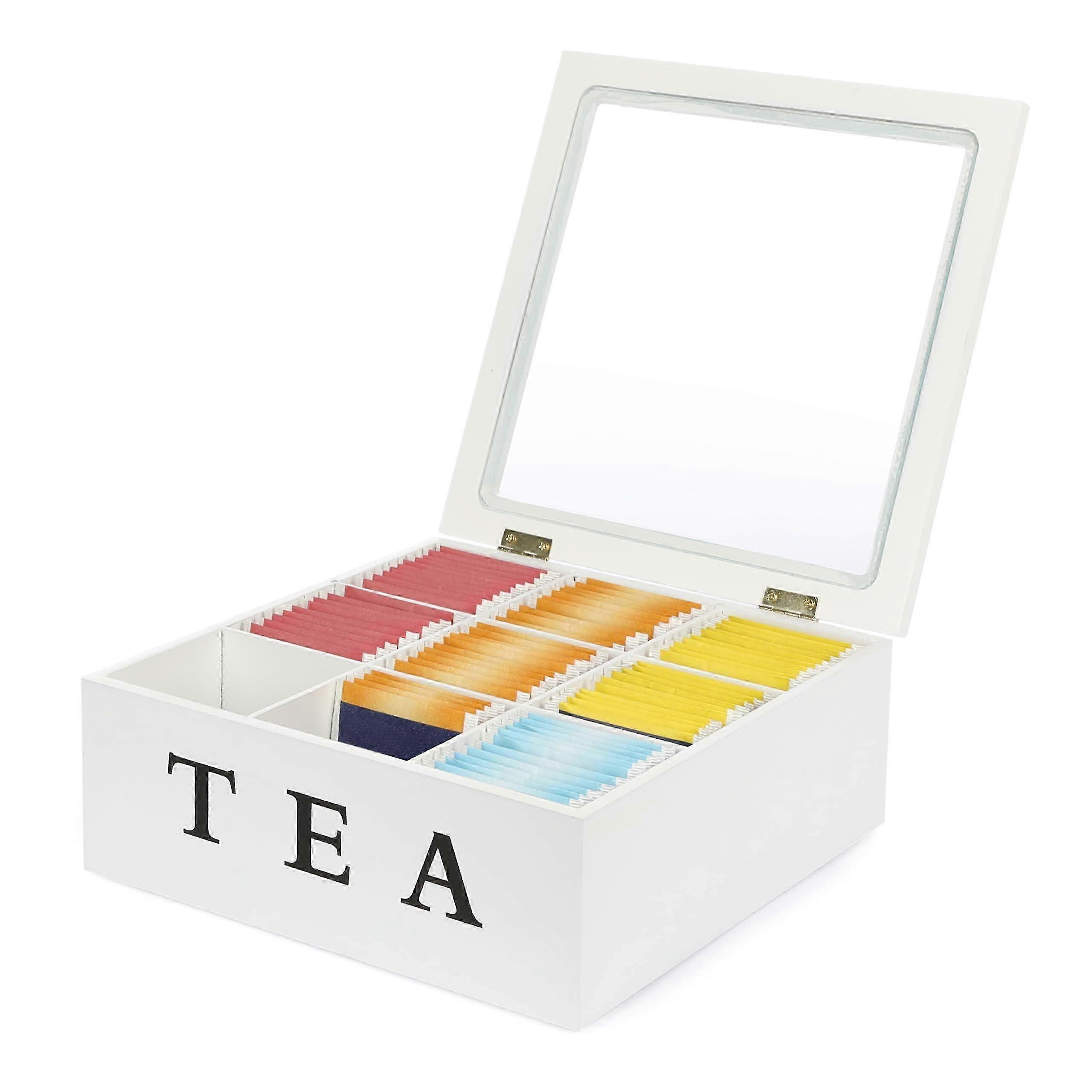 Tea Box Wooden Tea Box With 9 Compartments And Display Window - Tea Bag Storage Box White - 23 X 23 X 9 Cm