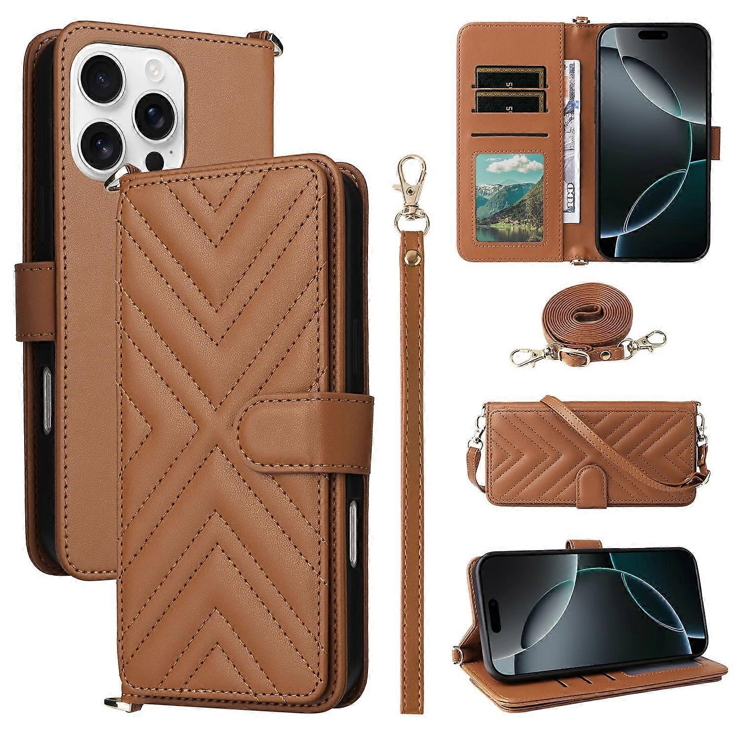 For iPhone 16 Pro Wallet Case with Shoulder Strap Leather Phone Cover-Brown
