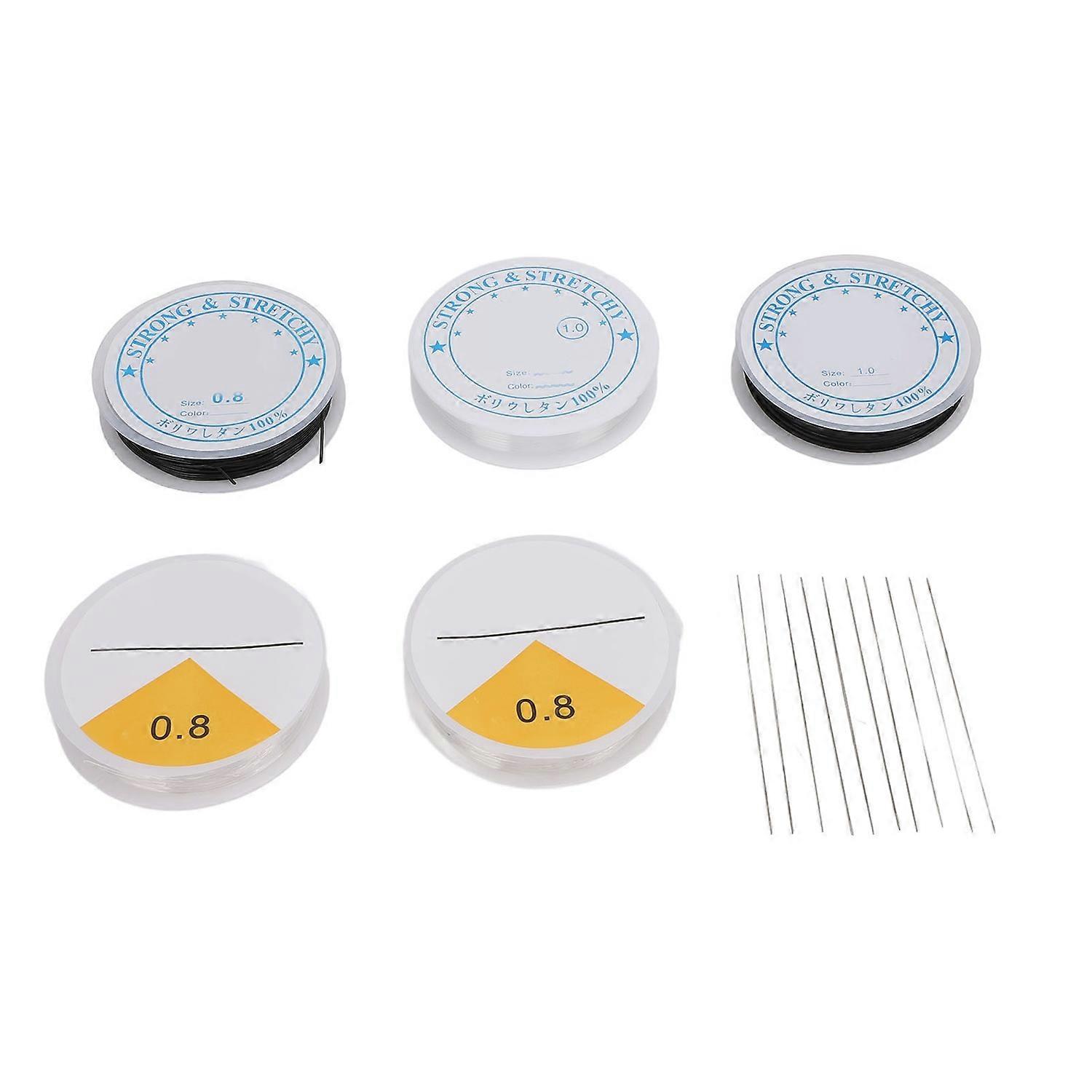Elastic String Beading Needle Set 5 Rolls Stretchy String Cord 0.8mm 1mm Clear Black and 10 Pcs Bead