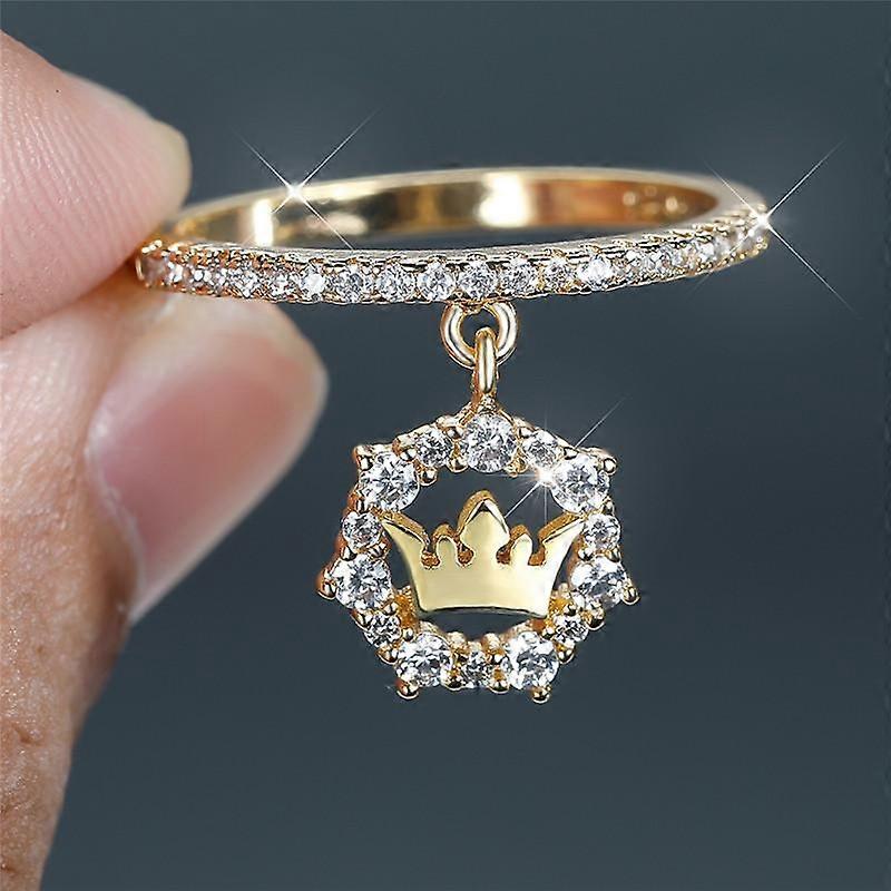 Anéis de coroa de rei e rainha prateados/dourados para mulheres, anel com pingente de coroa de princesa fofo, anel com incrustação de pedra, anel de noivado e aliança de casamento
