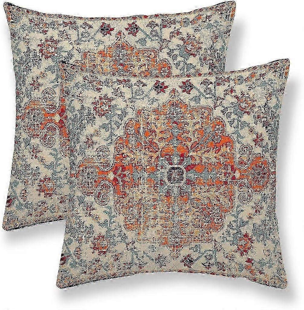 2025 New Burnt Orange Boho Throw Pillow Covers 18x18 Set Of 2, Carpet Ethnic Pattern Pillow Covers Bohemian Rustic Farmhouse Cushion