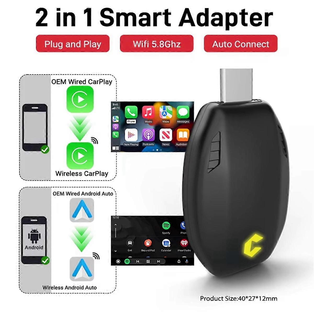 New Wired to Wireless Carplay Smart Adapter 2in1 Android Auto Mini Box Plug and Play WiFi Fast Conne