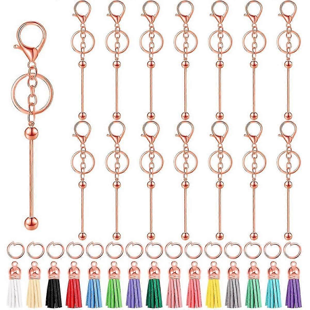 15 Pcs Beadable Keychain Bar Metal Blank Keychain with 15 Pcs Leather for DIY Bead Keychain Supplie