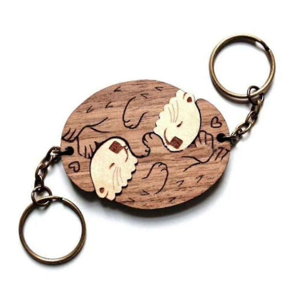 2pcs Cute Otters Couple Keychain Wooden-keyring Matching Puzzles Keychain