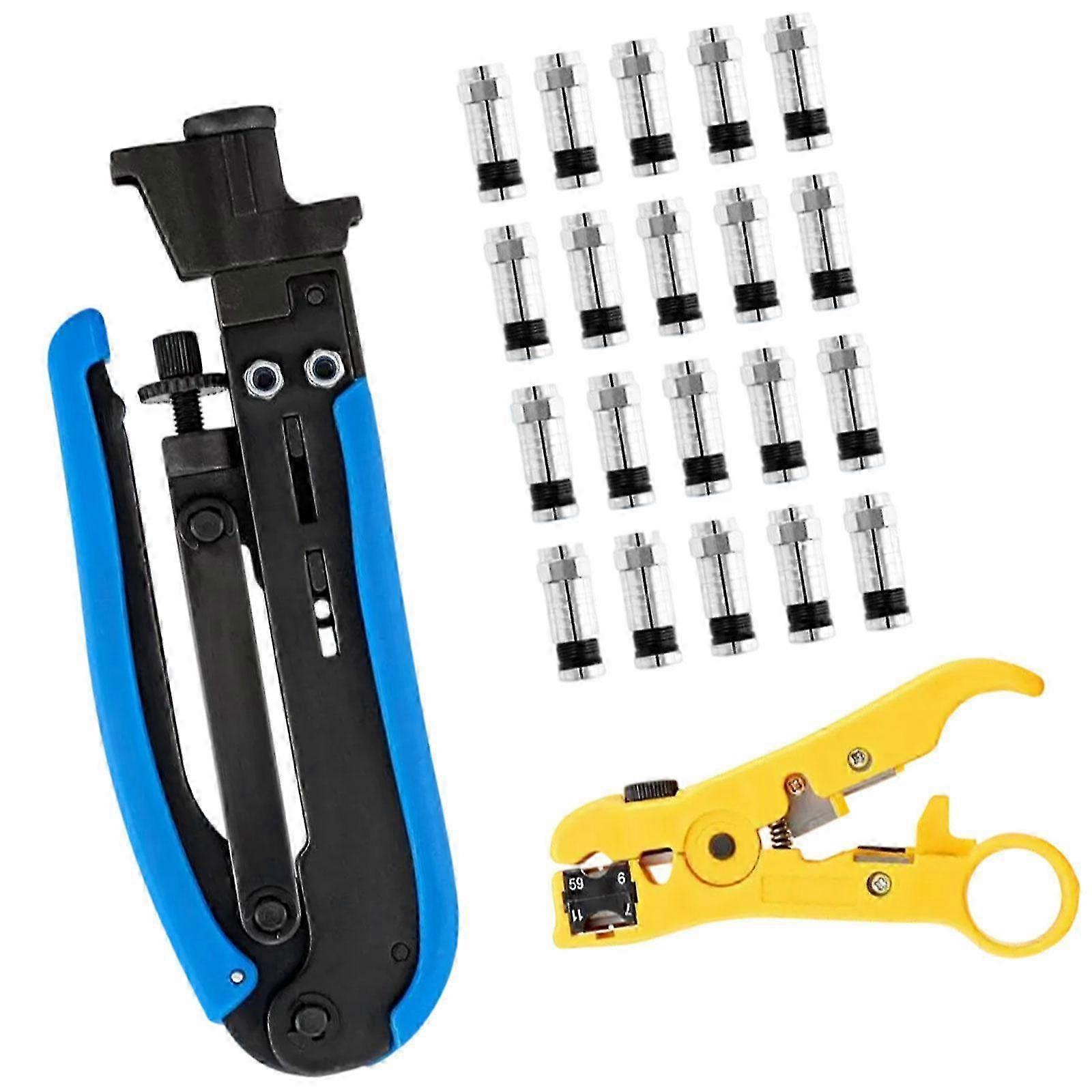 Coaxial Compression Tool Adjustable with 20 F Connectors  Practical Coax Cable Crimper Kit Coaxial Cable Stripper-color: Black F Connector