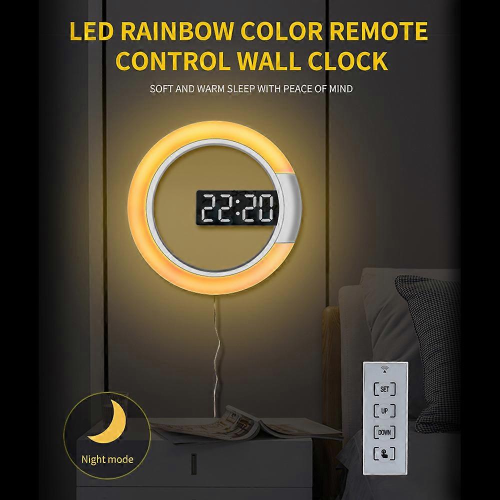 LED Mirror Hollow Wall Clock with Remote Control Round Digital Alarm Clock Wall Decoration Light 7 Colors Nightlight Adjustable Brightness 12/24H Mod