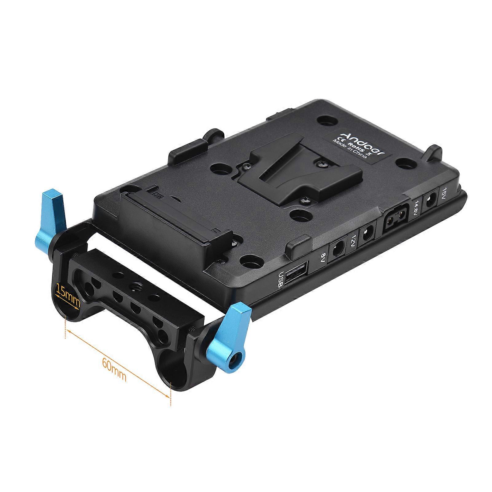 Sony V-Mount Battery Plate with 15mm Rod Clamp - Multi-Voltage & USB Outputs