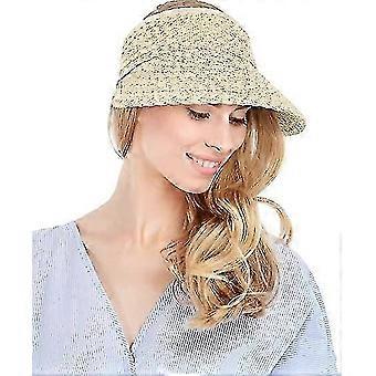 Sun Hat, Roll Up Women's Wide Brim Straw Foldable Summer Topless Sun Hat Women's Adjustable Beach Hat, Beige