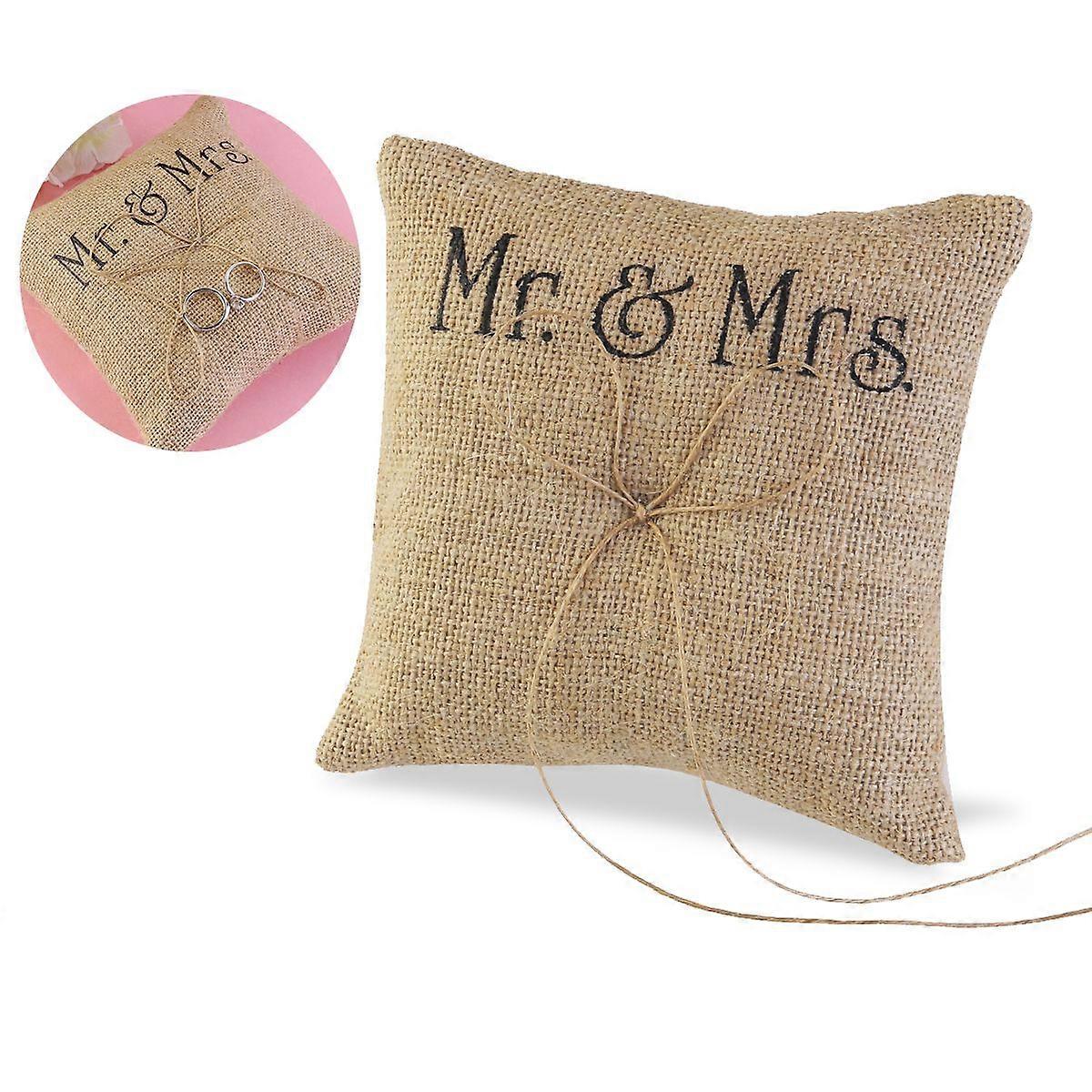 TINKSKY Mr & Mrs Burlap Jute Bow Twine Rustic Wedding Ring Pillow