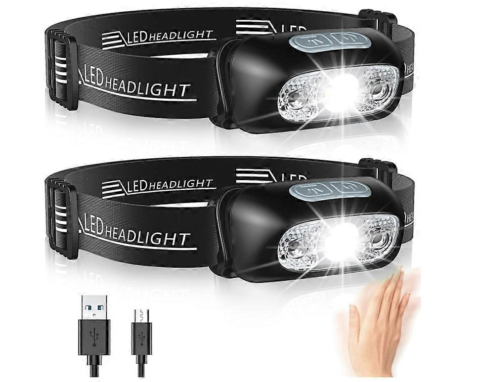 Head Torch with Motion Sensor, LED Headlight - 500 Lumen, IPX6 Waterproof, 4 Lighting Modes for Camping Hiking Running Hunting -2 Pack(Black)