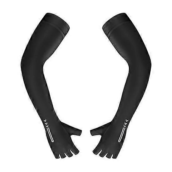 1 Pair Sun Protection Arm Sleeves with Reflective Design Super Thin & Breathable Solid Color Five-finger Compression Sleeves for Women & Men