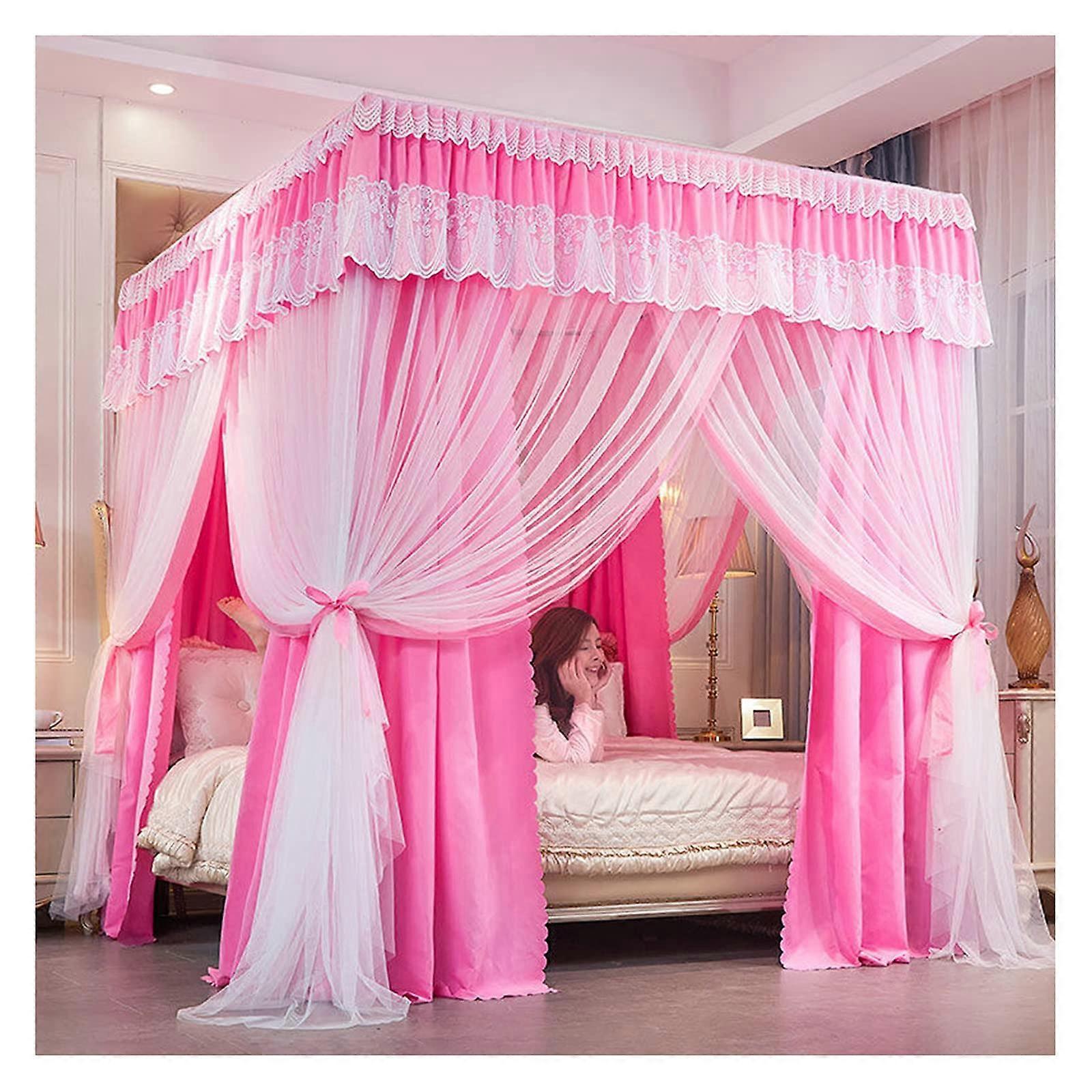 4 Poster Bed Canopy King Size With Metal Bracket Mosquito Net Blackout Embroidered Lace Curtains 1.5x2m Color Bed