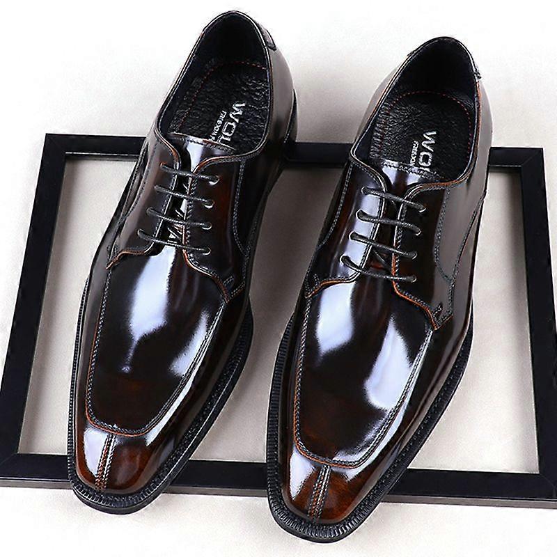 British style genuine leather shiny small square head formal business leather shoes lace-up hard sole youth trend gentleman derby shoes wedding shoes