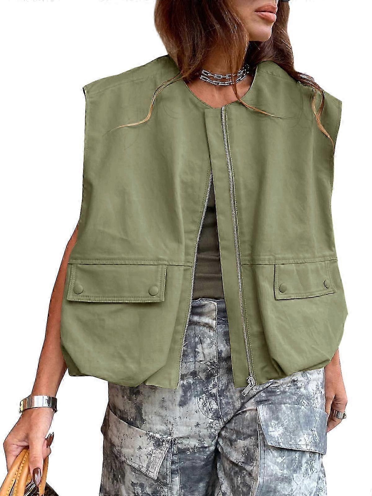 Women's Sleeveless Pocket Loose-Fitting Waistcoat Solid Color Cardigan Zipper Fashionable Jacket