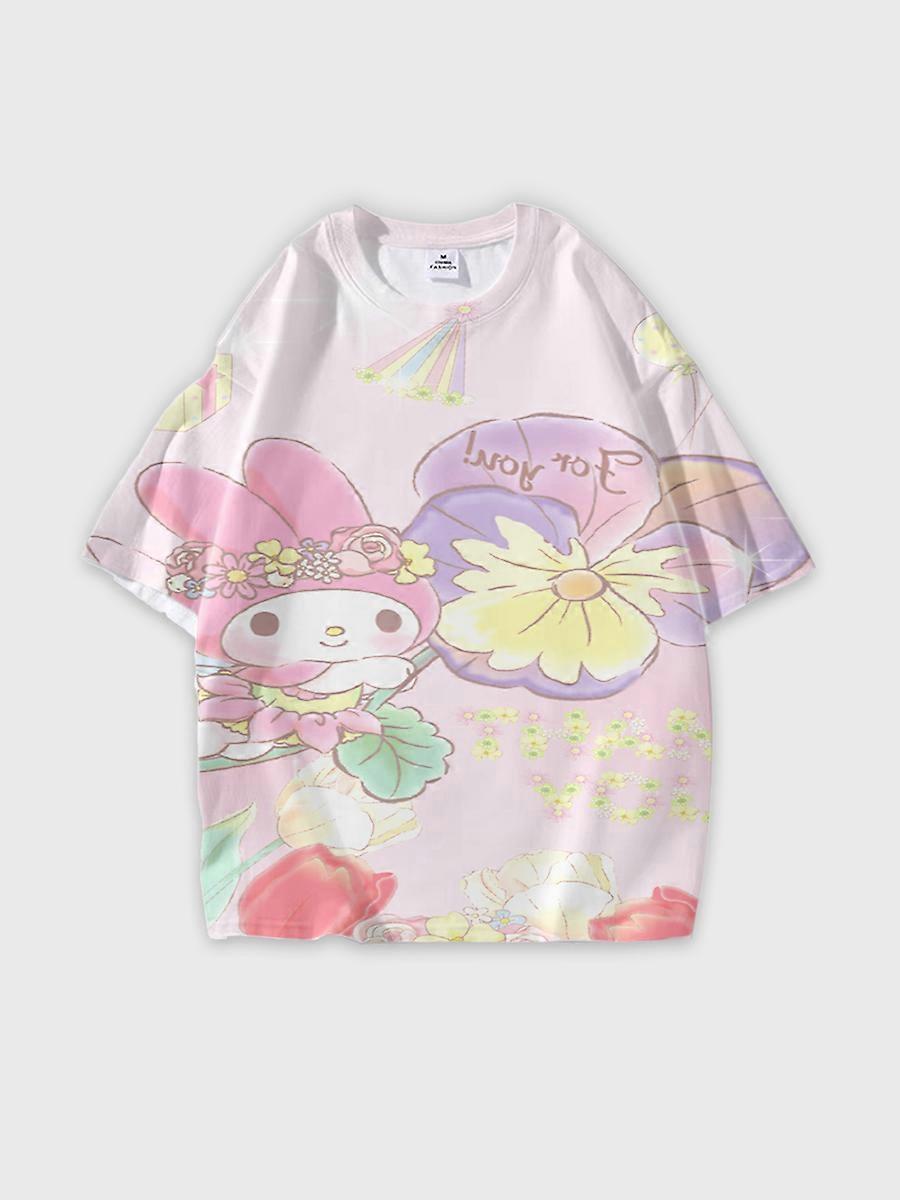 T-shirt girocollo Cartoon Pattern manica corta sciolta M2106