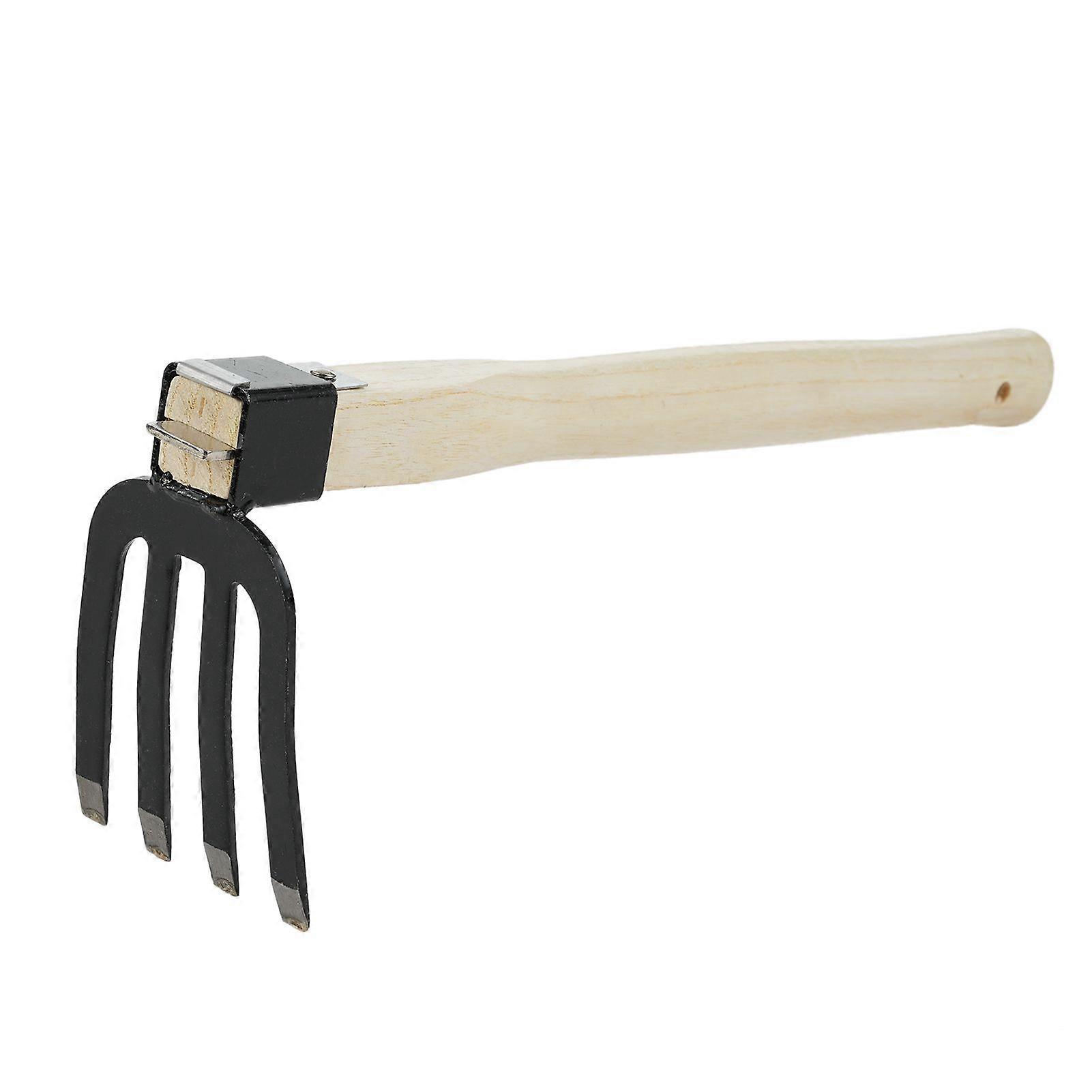 Four-Toothed Rake with Short Wooden Handle, Bendproof Garden Hand Rake Tool, Great for Loosening or Weeding Soil