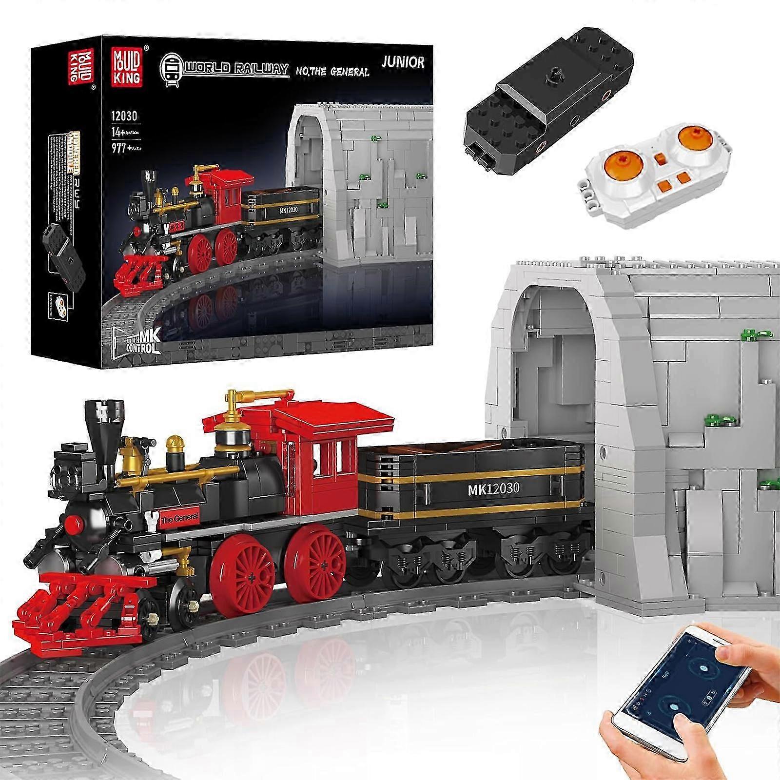 2025 Mould King Train Building Toy, Steam Locomotive Train Building Blocks Set, RC Control Train with Motors and Tracks(977 Pieces)