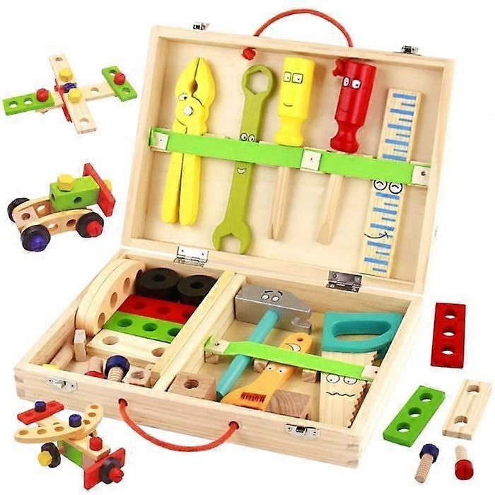 SPECOOL 34-Piece Wooden Toolbox Set for Kids - Bright Colors - Lightweight and Portable