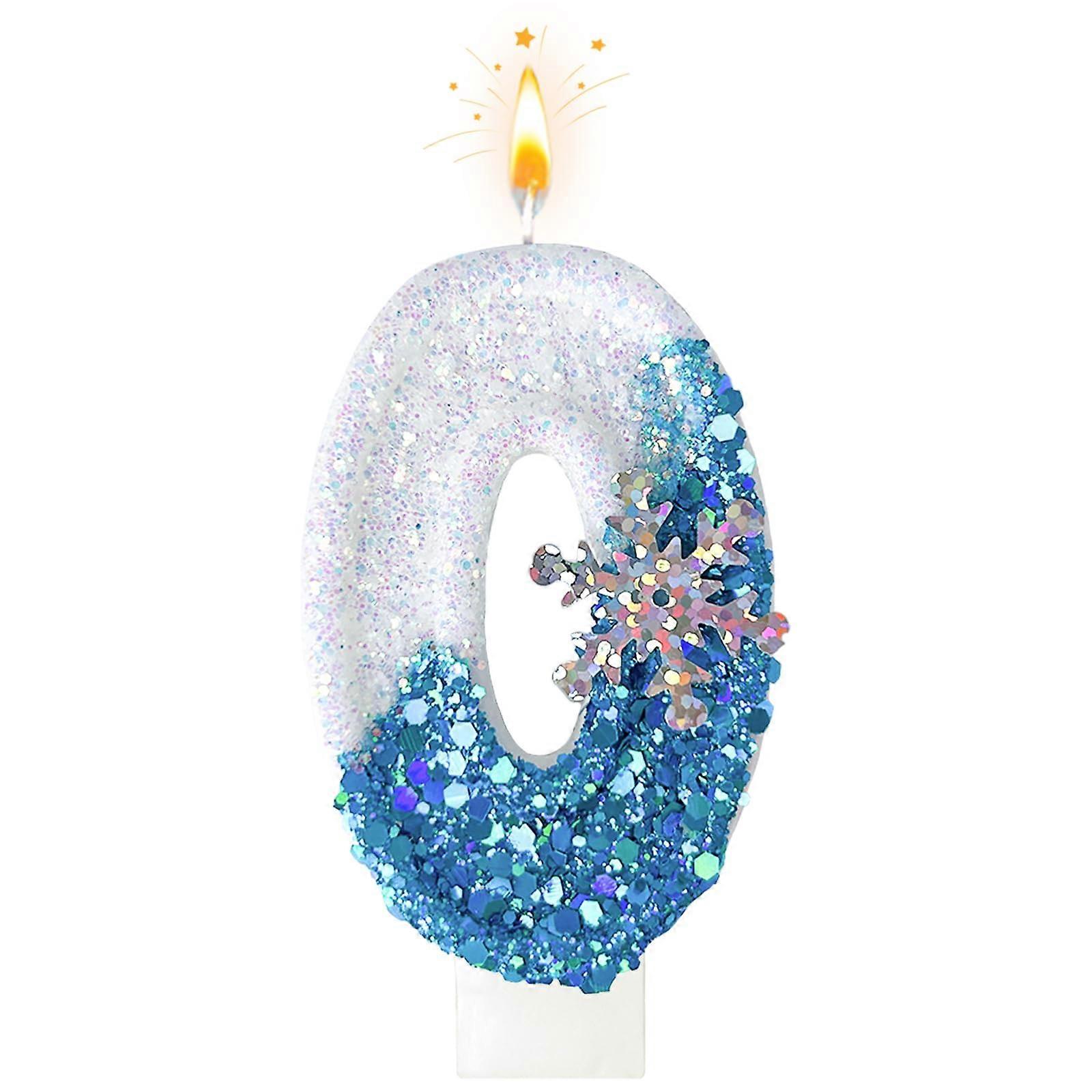 white and blue ice birthday candles, snowflake glitter number candle cake decorations