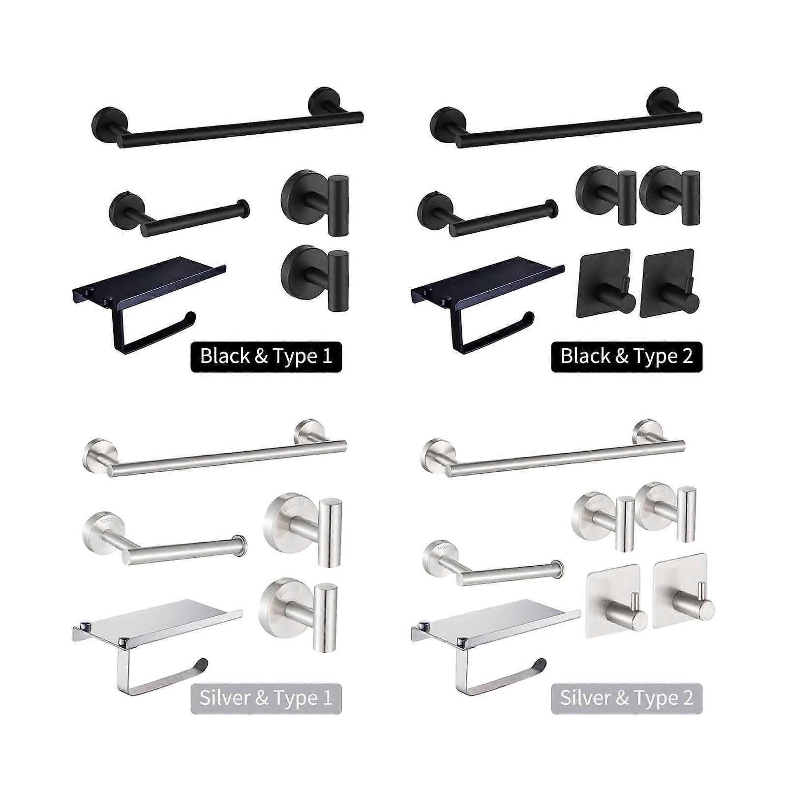 5PCS Bathroom Hardware Set Stainless Steel Silver Wall Mounted